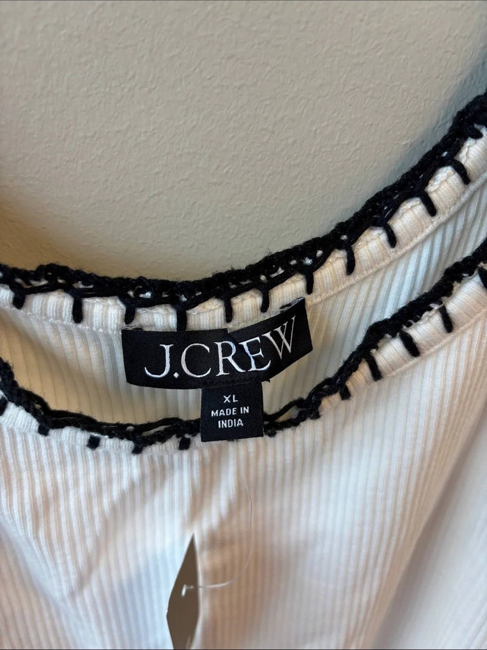 J. Crew White Ivory Ribbed Tank with Black Crochet Trim